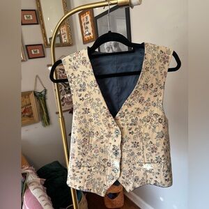 Vintage Floral Brocade Vest in Cream and Dusty Blue